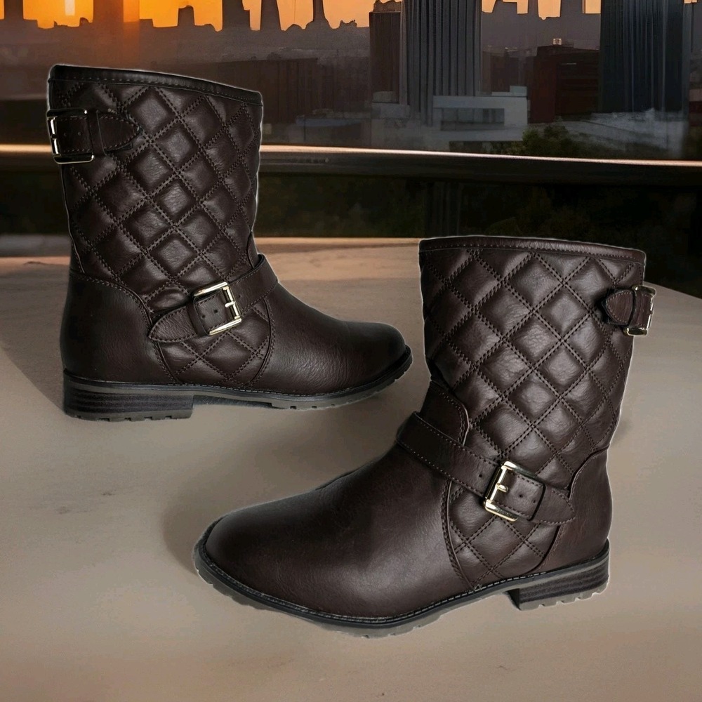Women's Sporto Faux Fur Lined Gold‎ Buckles Quilted Brown Boots "MOLLY" SZ: 8M